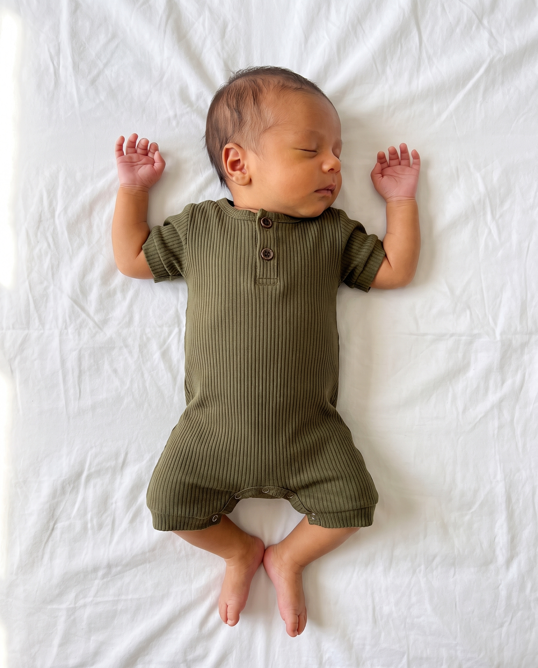 Ribbed Short-sleeved Snap Romper in Army Green