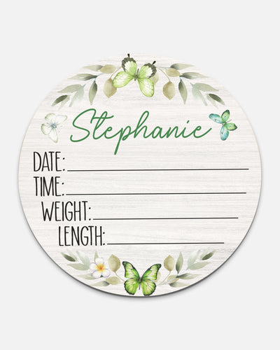 Birth Stats Sign in Green Butterfly