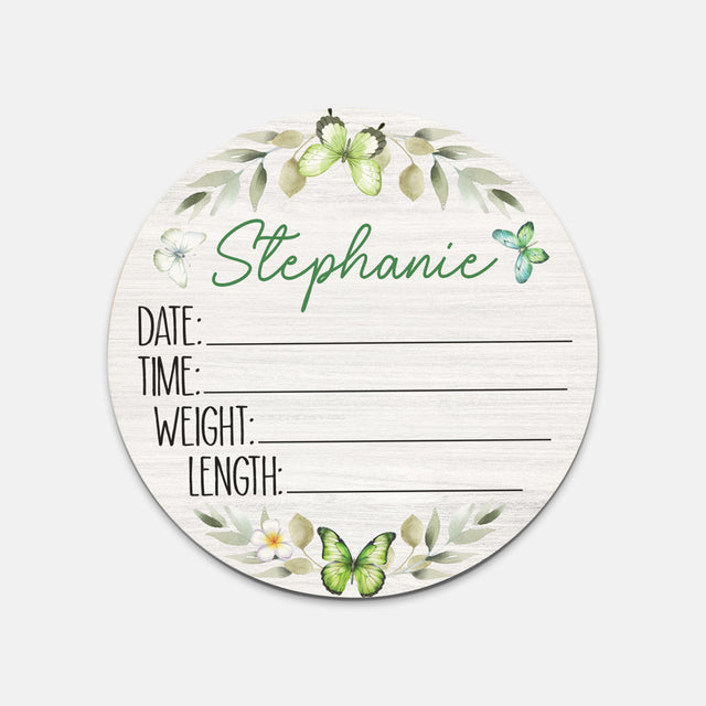 Birth Stats Sign in Green Butterfly