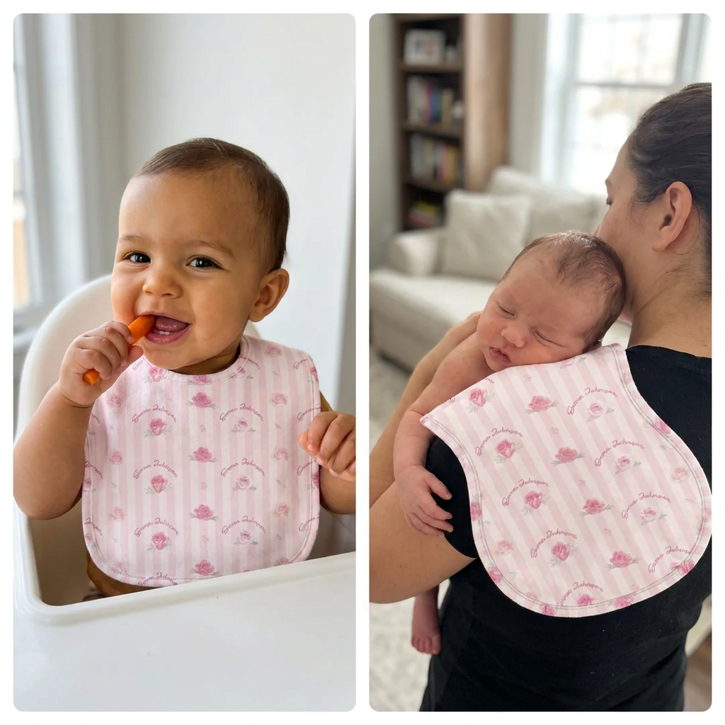 Personalized Bib and Burp Cloths in Rosy