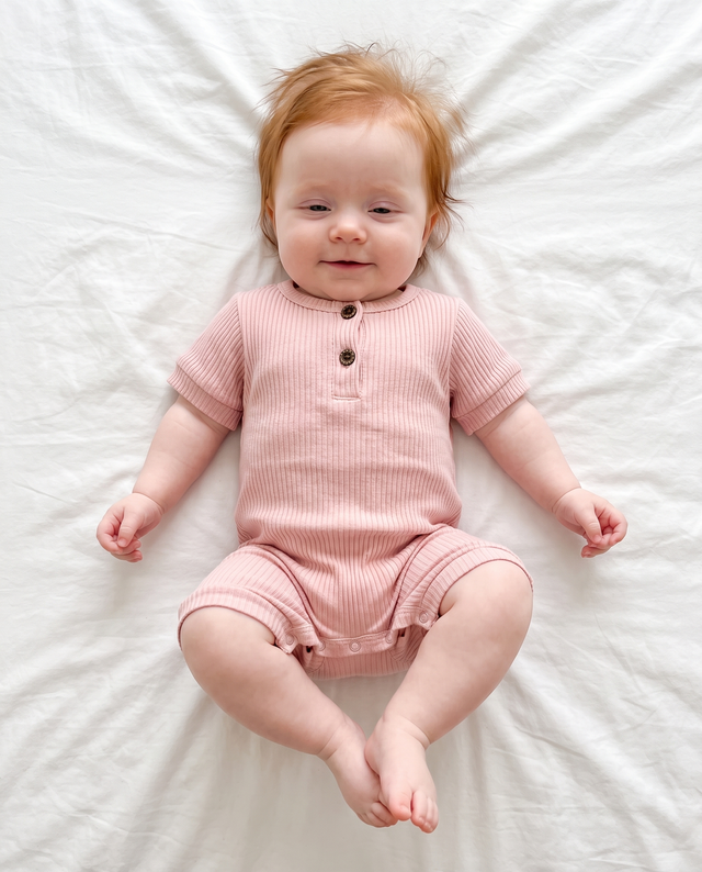 Ribbed Short-sleeved Snap Romper in Pink