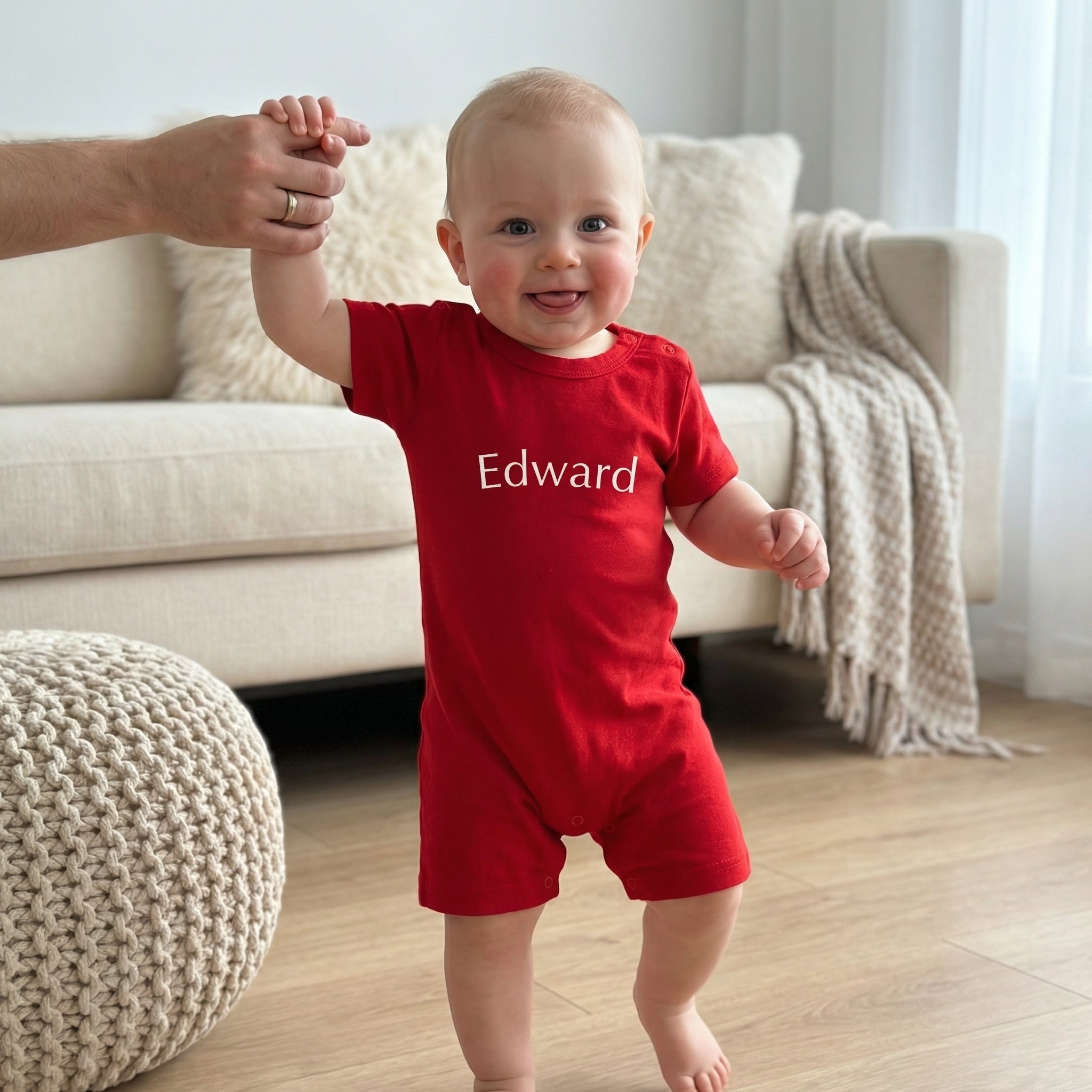 Embroidered Short Sleeve Snap Romper in Cherry Pop