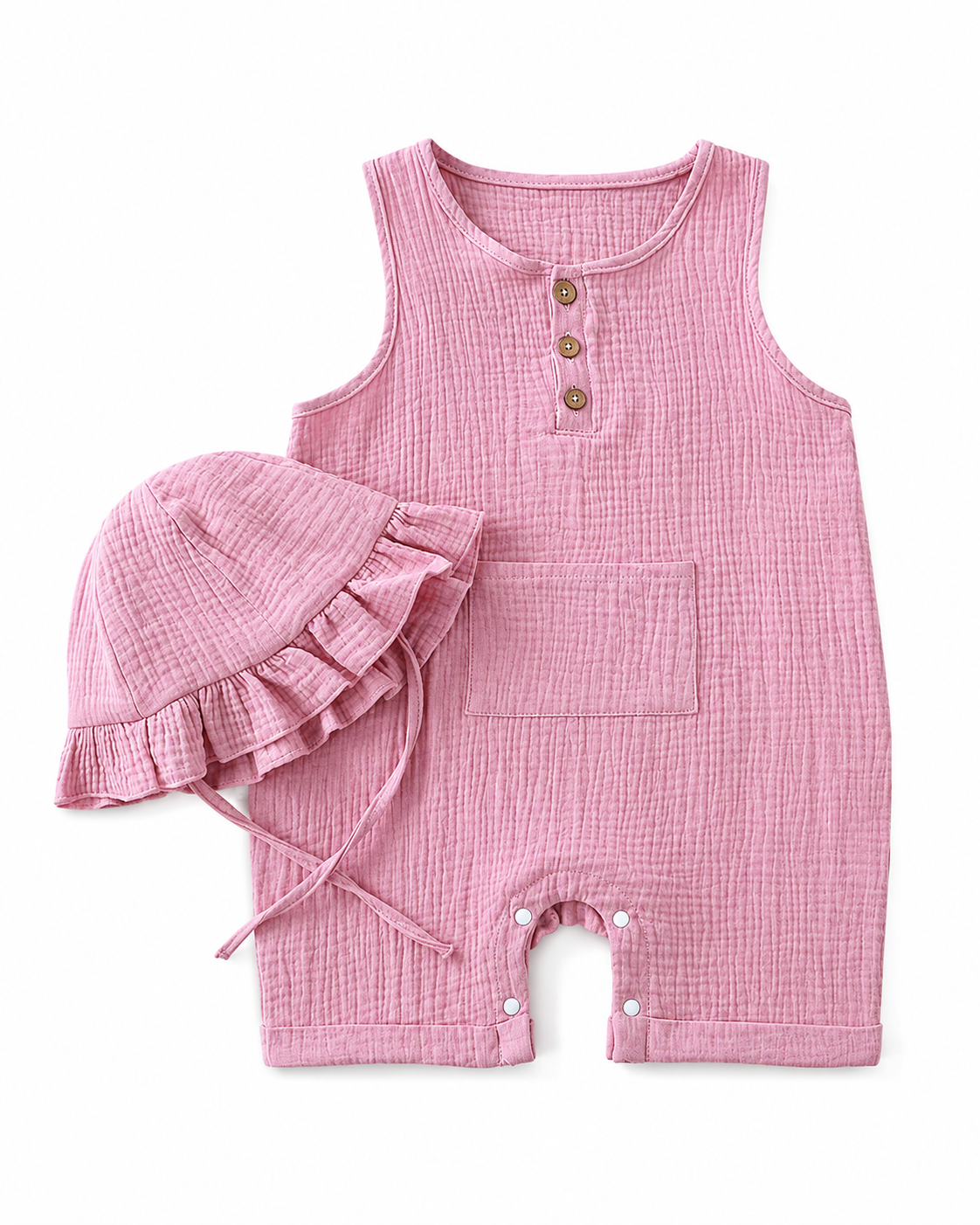 Sleeveless Gauze Snap Romper with Hat in Pink