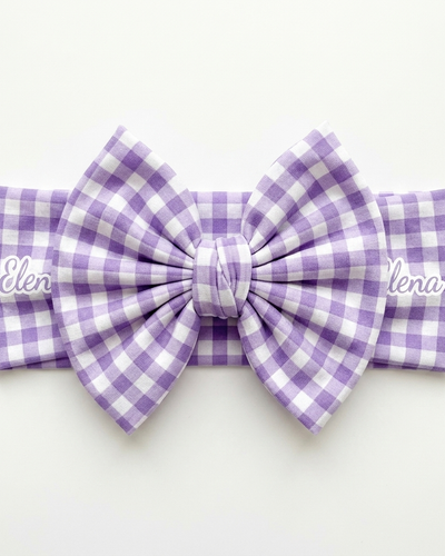 Personalized Bow Headband in Lilac Gingham
