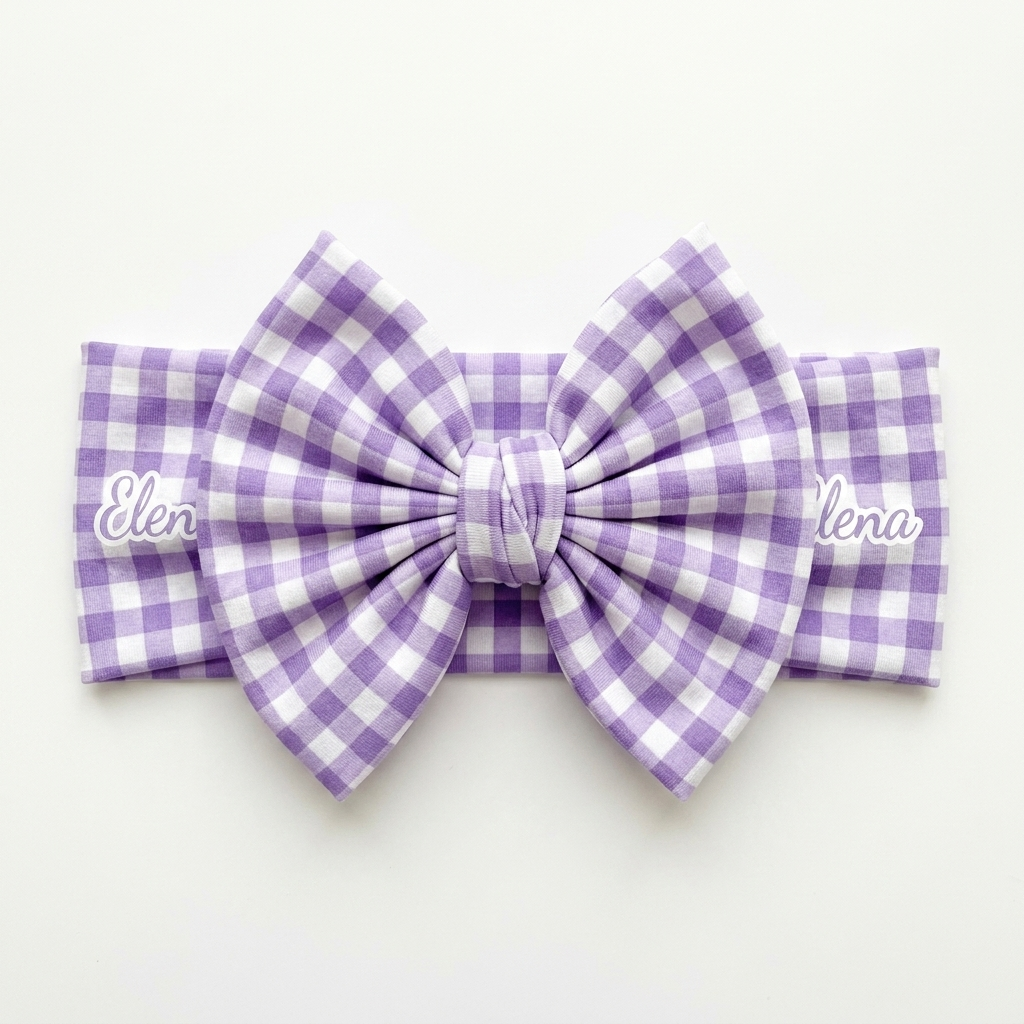 Personalized Bow Headband in Lilac Gingham