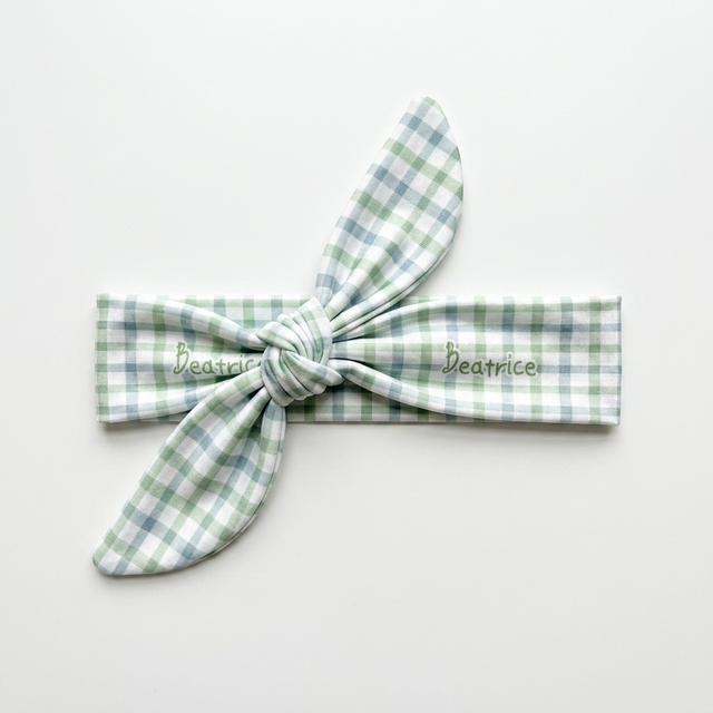 Personalized Knotted Headband in Sage Blue Plaid