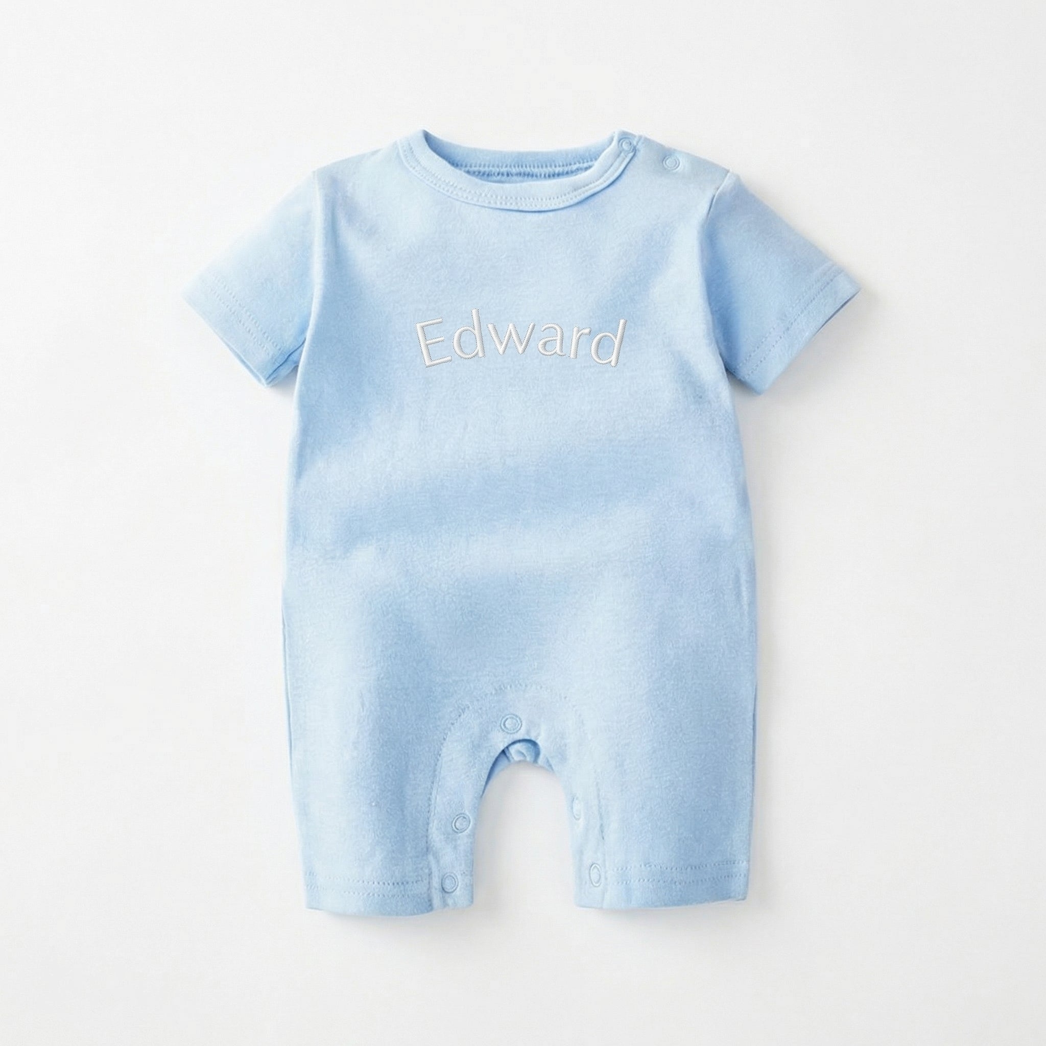 Embroidered Short Sleeve Snap Romper in Sky Blue
