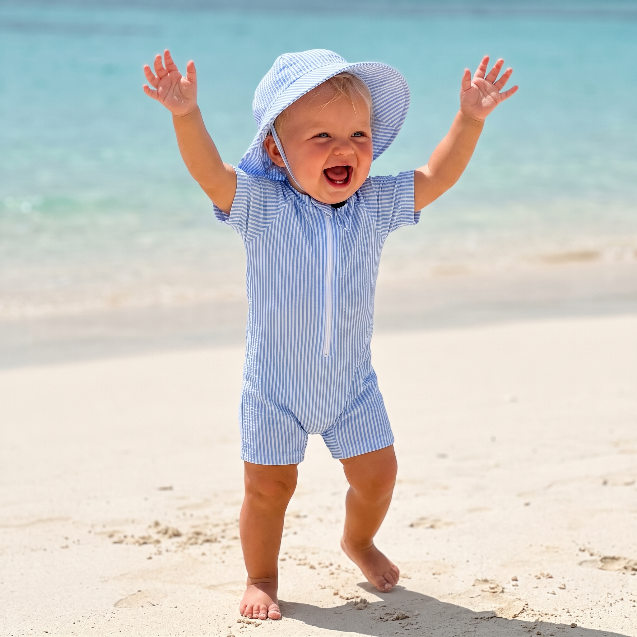 Striped Swim Romper with Hat in Blue