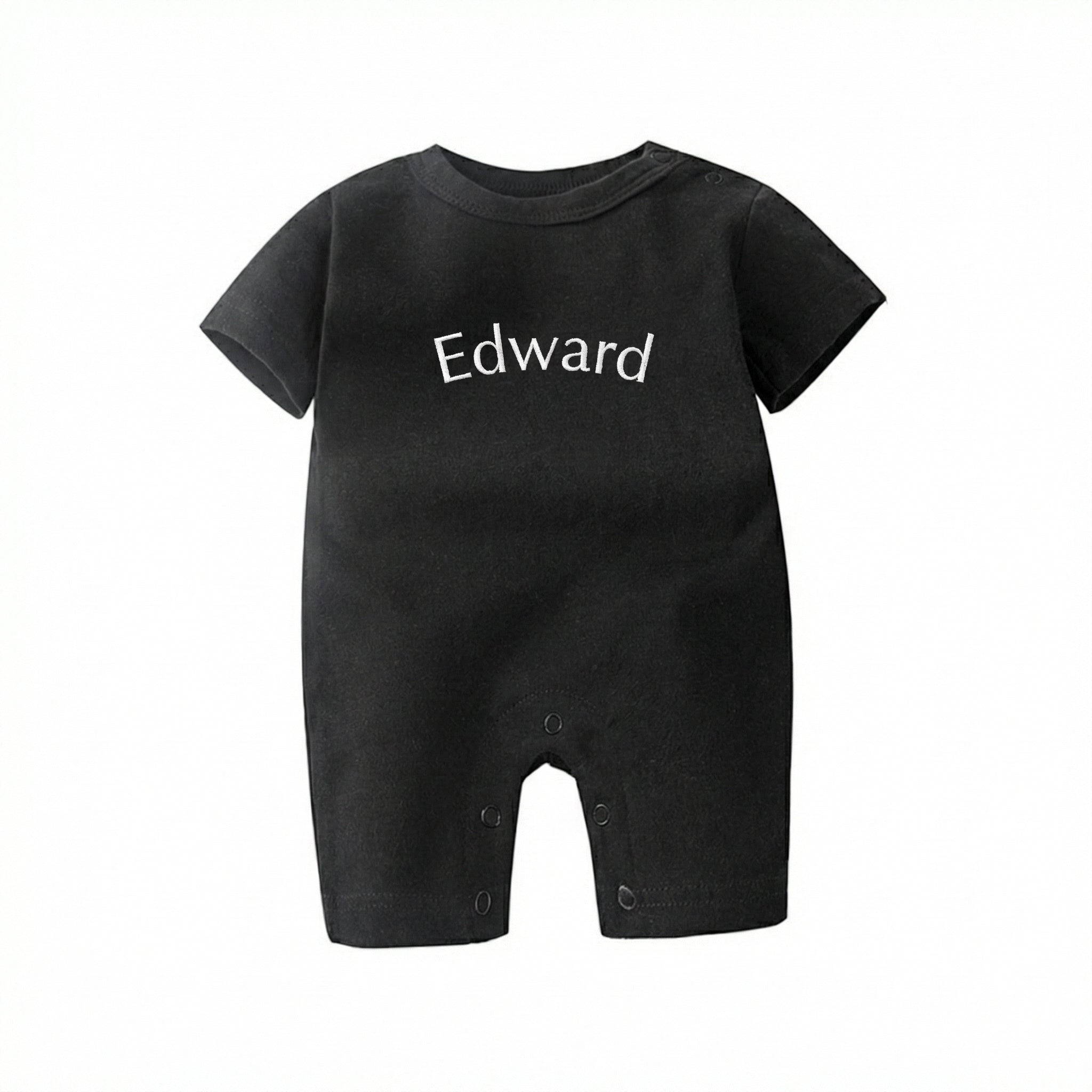Embroidered Short Sleeve Snap Romper in Black