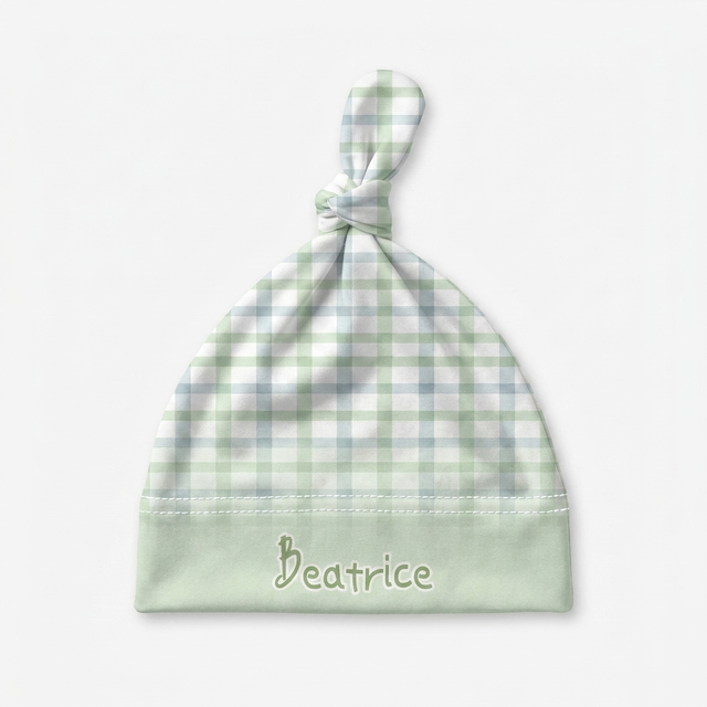 Personalized Knotted Hat in Sage Blue Plaid