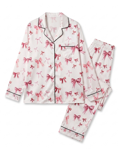 Long-Sleeved Women's Pajama Set in White Coquette Bow