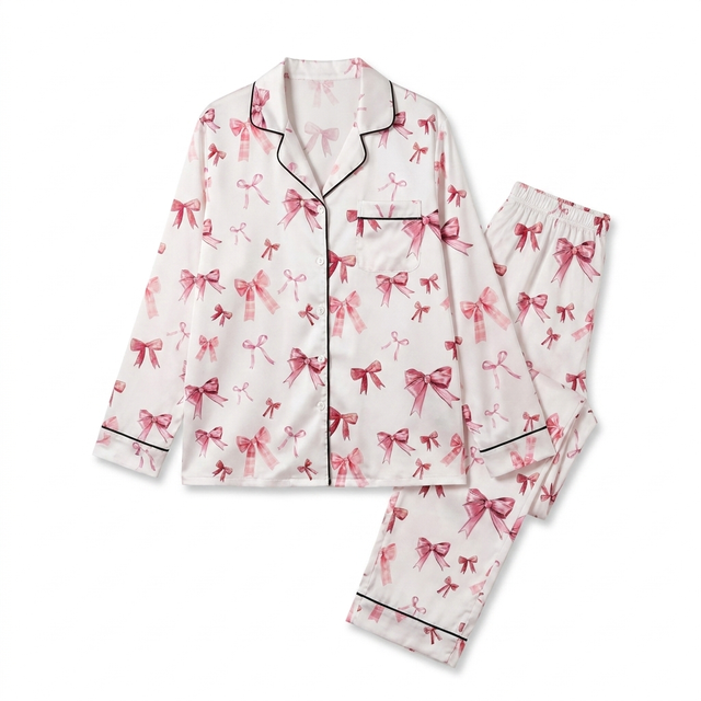 Long-Sleeved Women's Pajama Set in White Coquette Bow