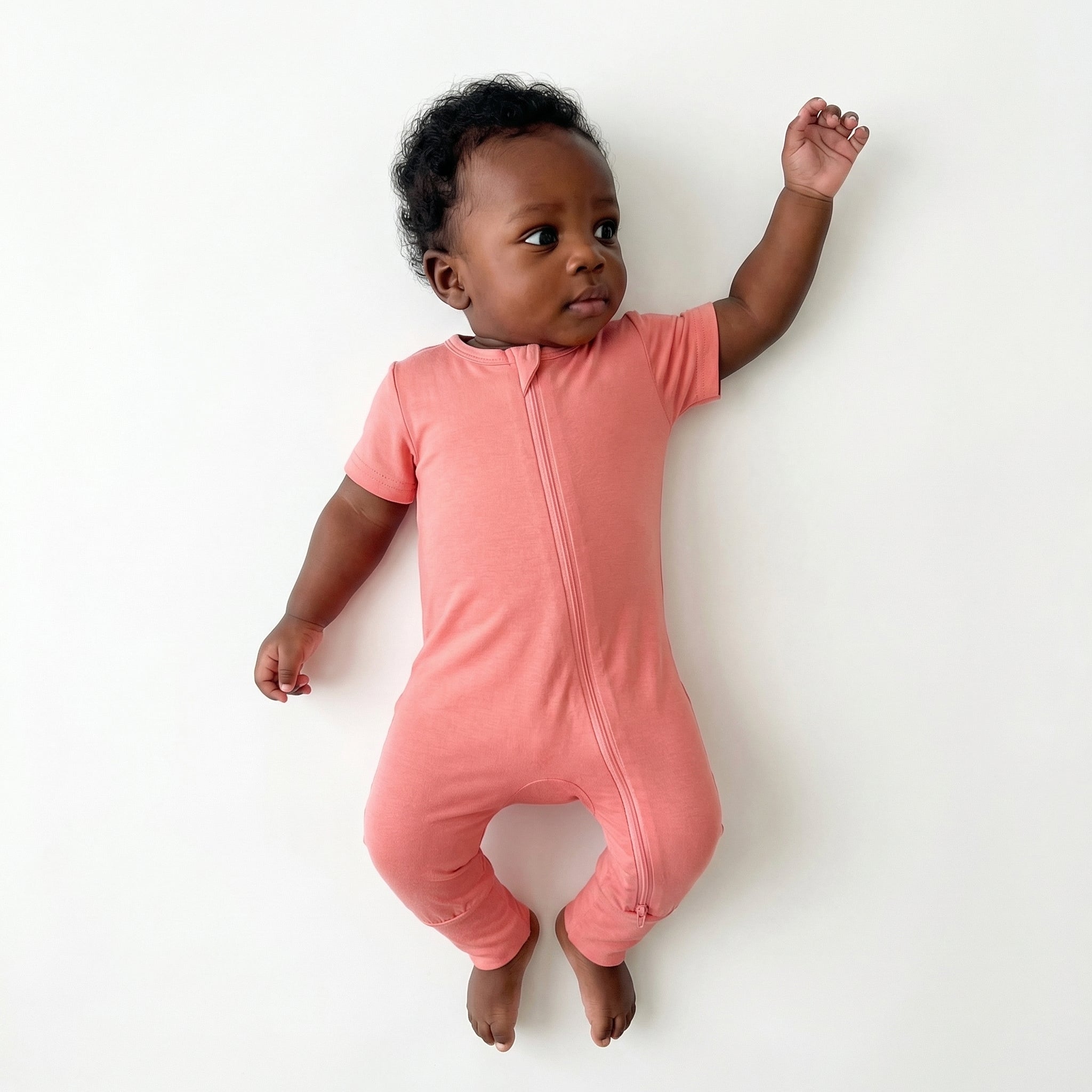 Short Sleeves Zip Romper in Coral Pink