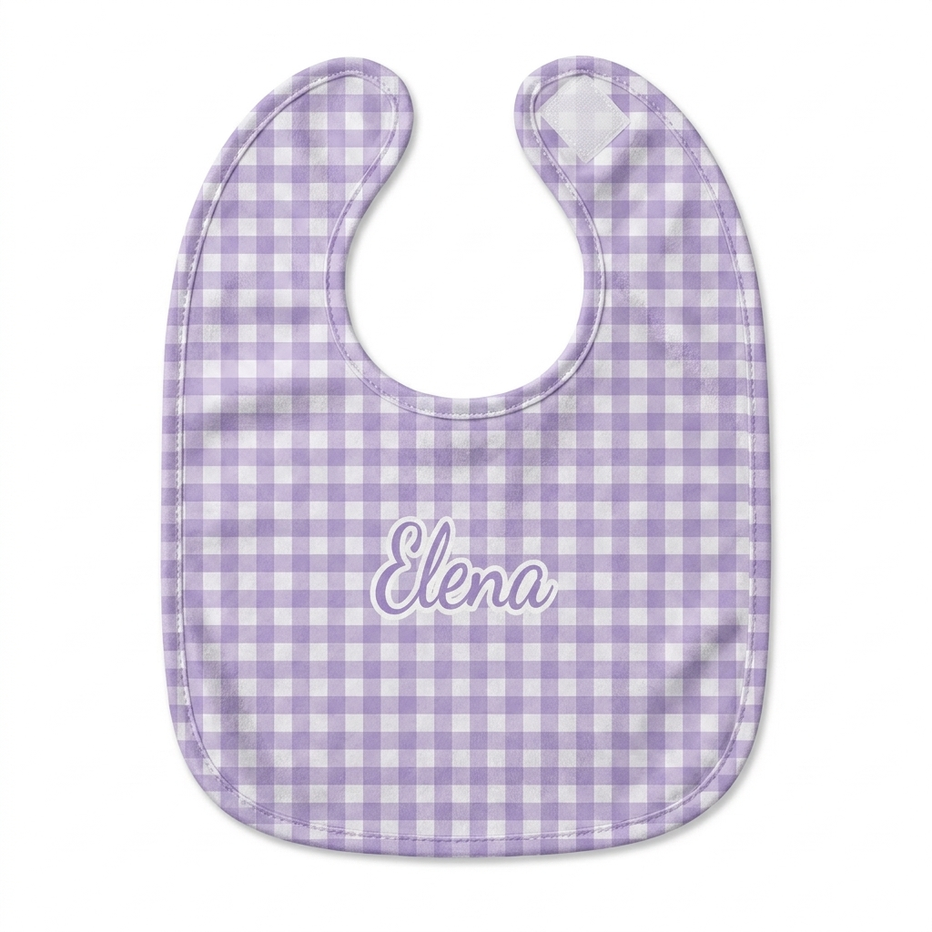 Personalized Bib and Burp Cloths in Lilac Gingham