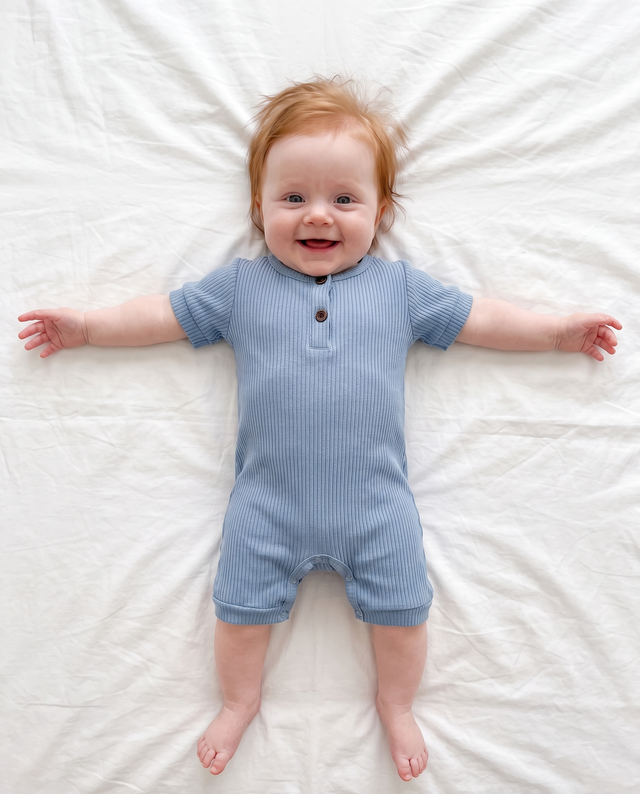 Ribbed Short-sleeved Snap Romper in Blue
