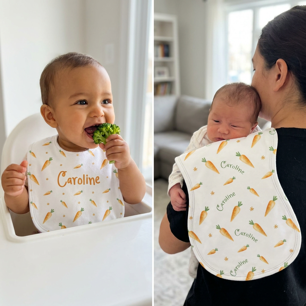 Personalized Bib and Burp Cloths in Carrot
