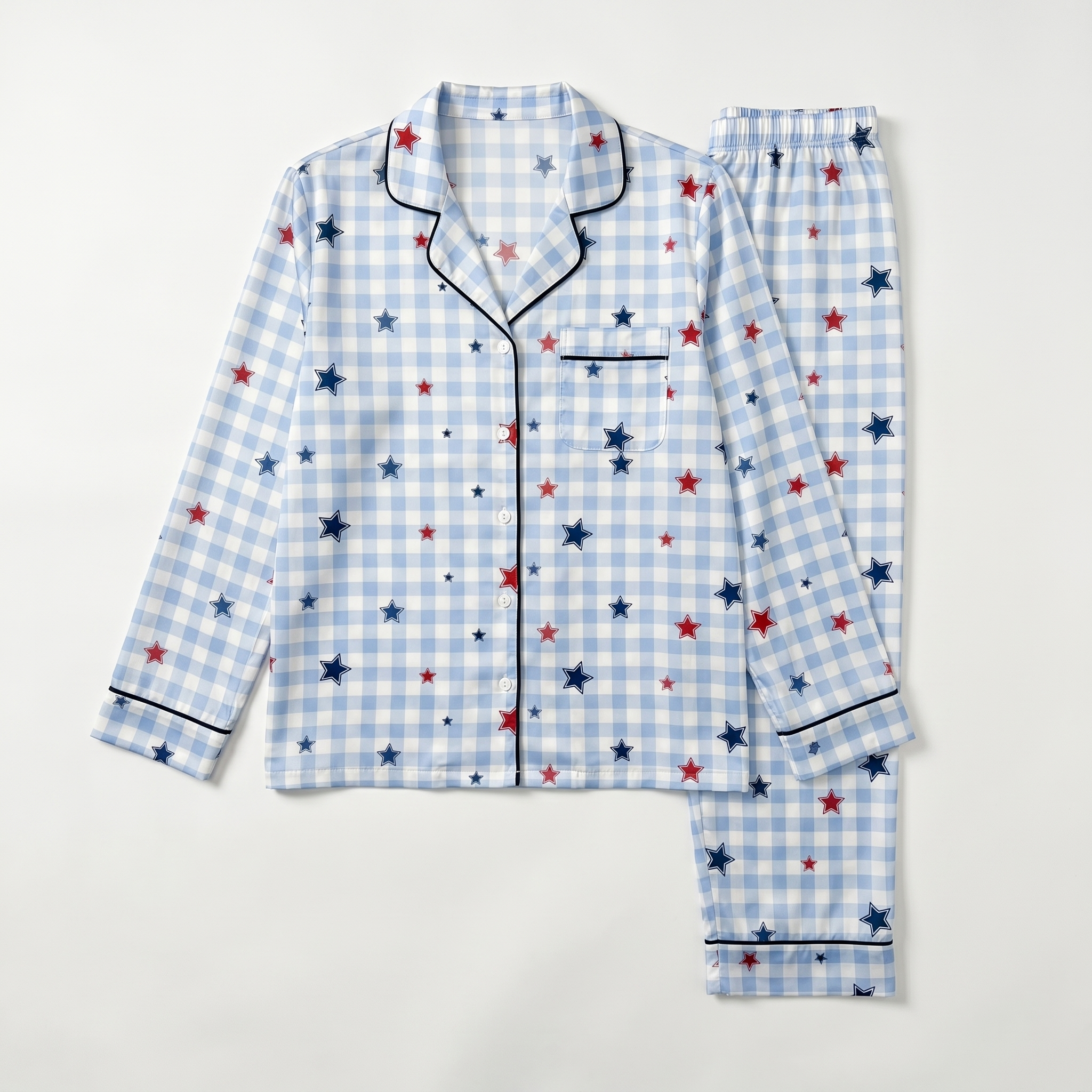 Long-sleeved Women's Pajama Set in Red, Blue and Star