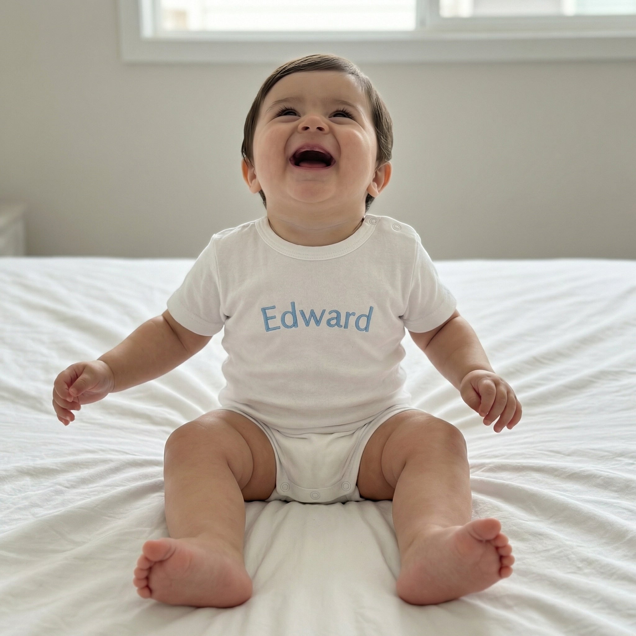 Embroidered Short Sleeve Snap Romper in Cloud