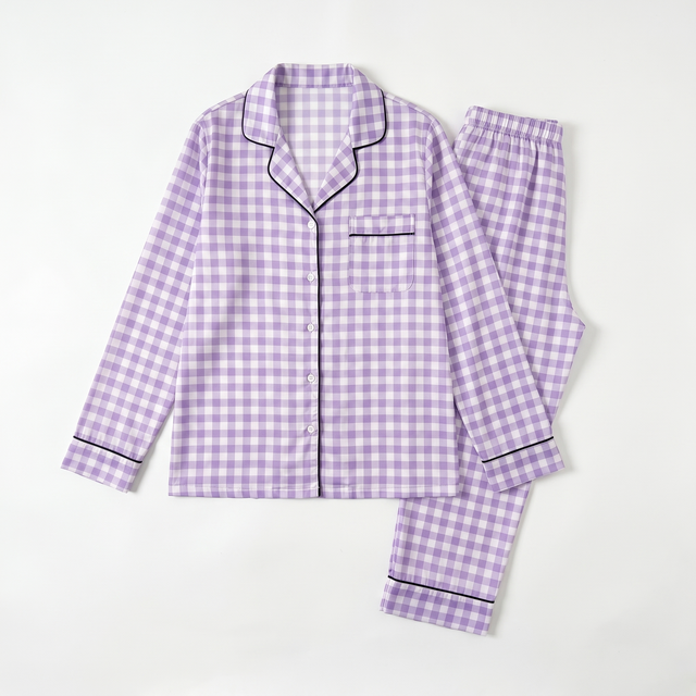 Long-sleeved Kid's Pajama Set in Lilac Gingham
