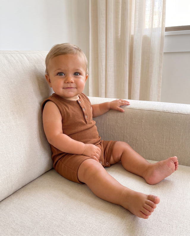 Sleeveless Snap Romper in Brown