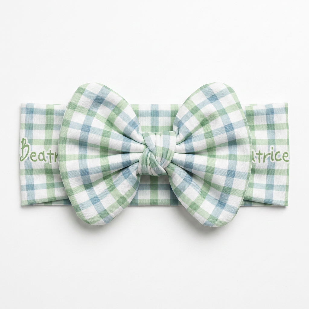 Personalized Bow Headband in Sage Blue Plaid