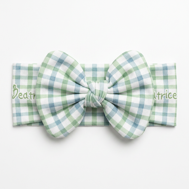 Personalized Bow Headband in Sage Blue Plaid
