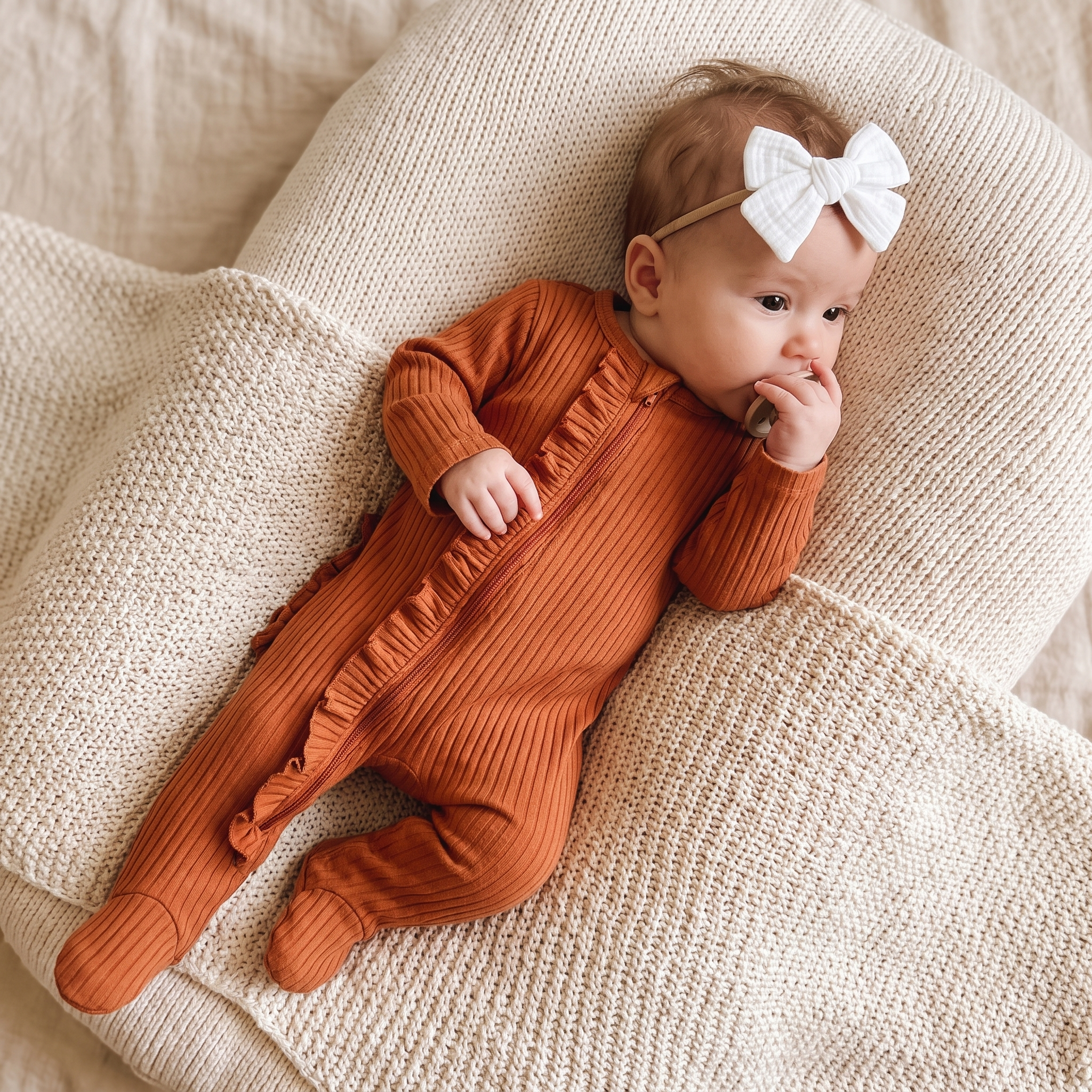 Ruffle Zipper Footie in Orange