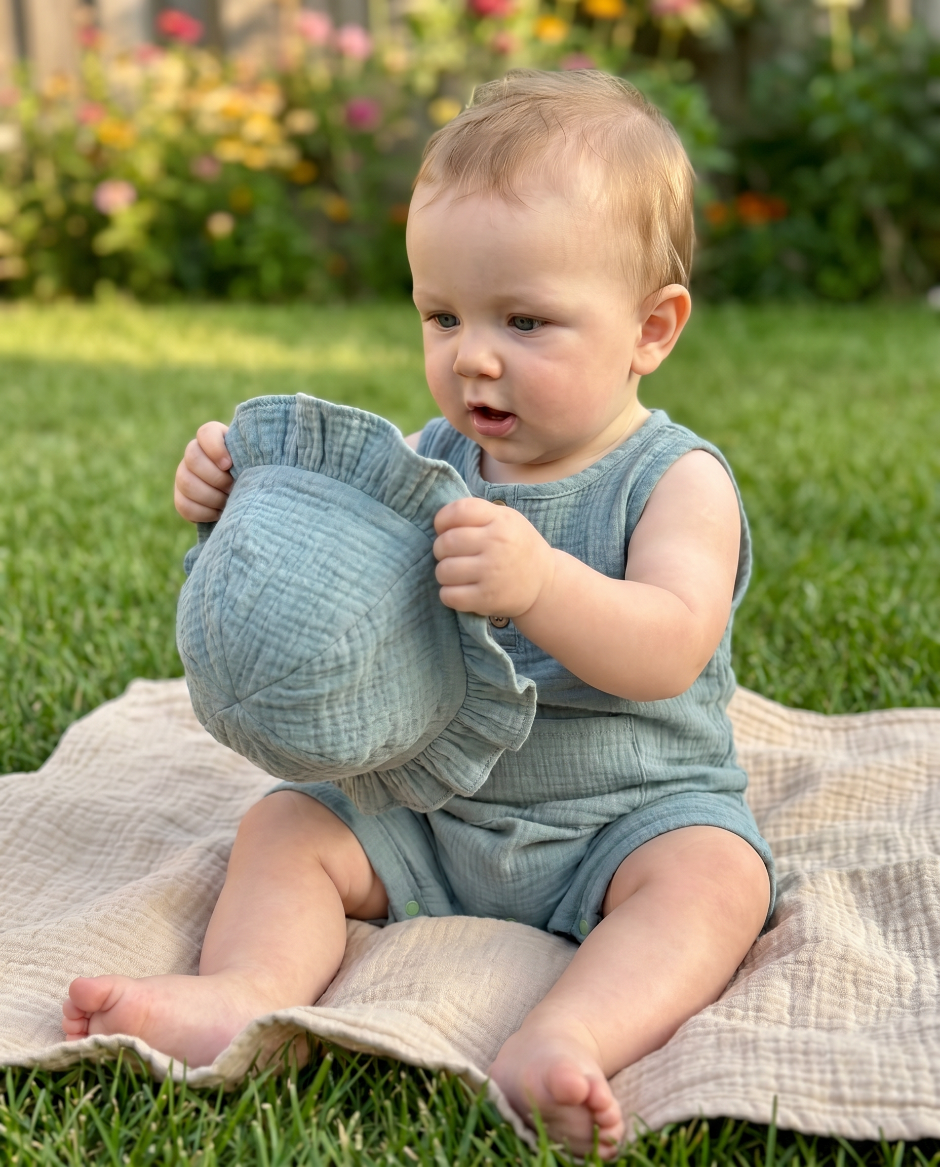 Sleeveless Gauze Snap Romper with Hat in Blue