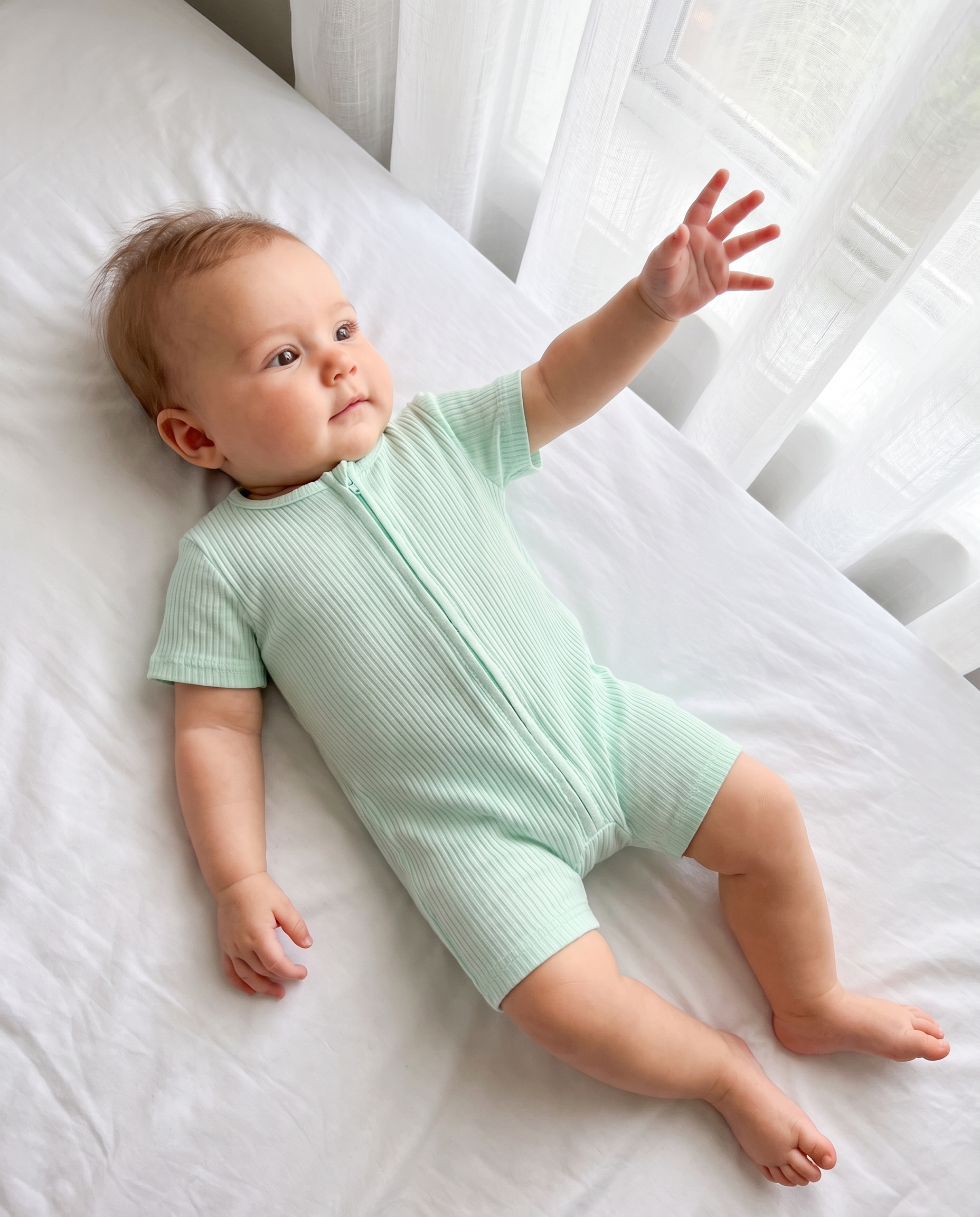 Short-sleeved Ribbed Zip Romper in Light Green