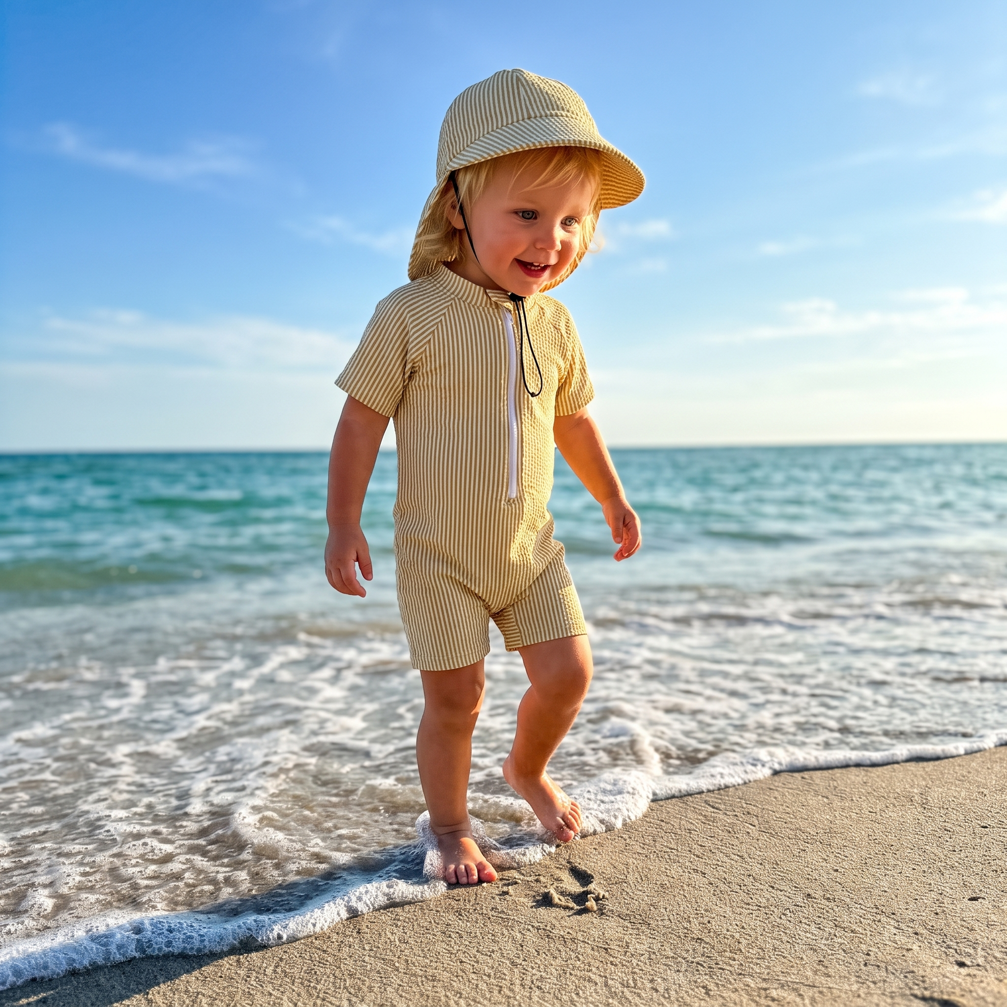 Striped Swim Romper with Hat in Khaki