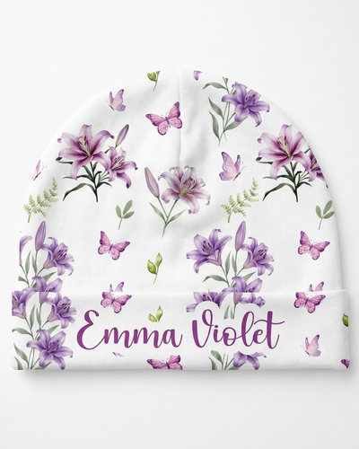 Personalized Beanie in Purple Lilys