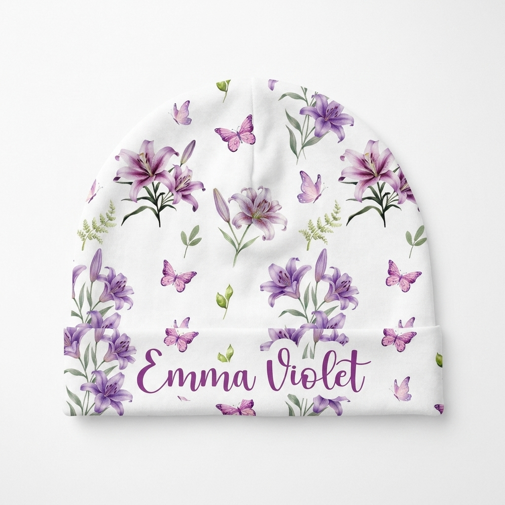 Personalized Beanie in Purple Lilys