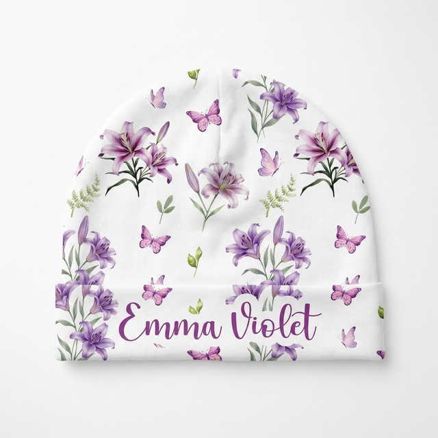Personalized Beanie in Purple Lilys