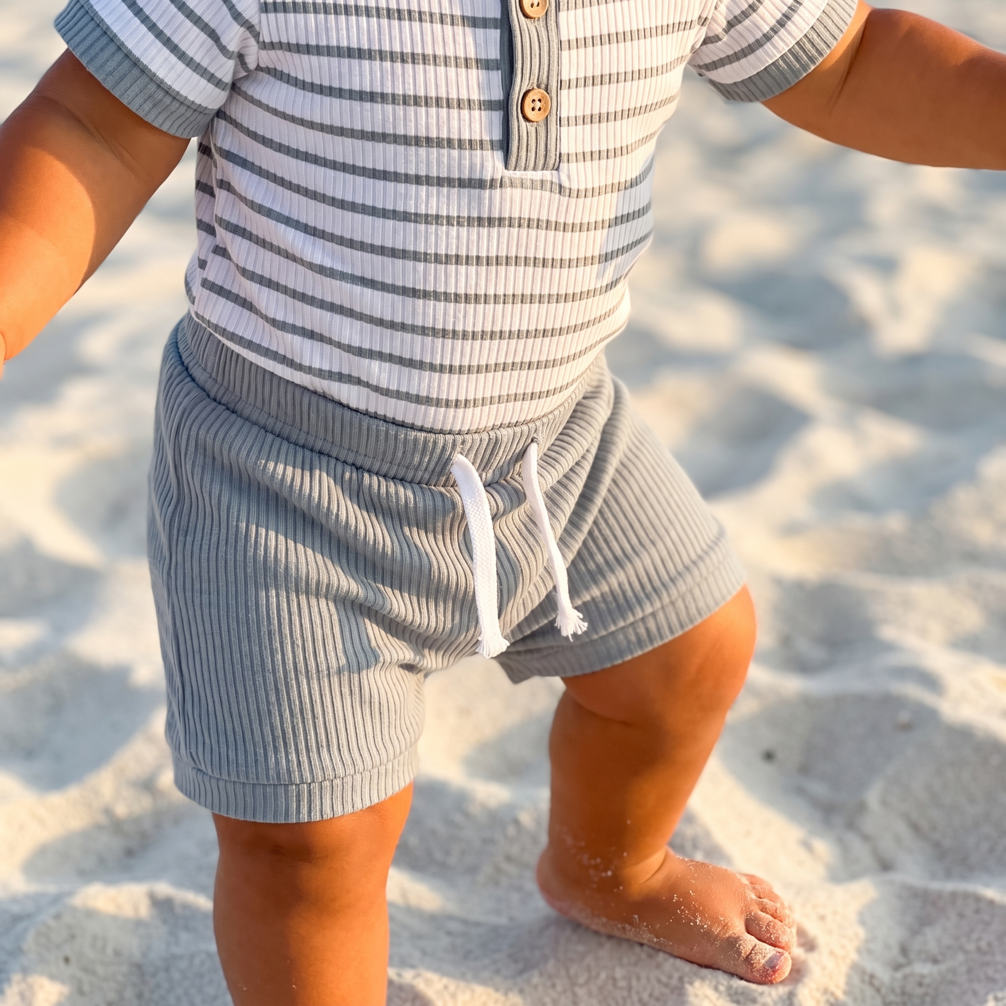 Striped Bodysuit & Shorts Set in Blue Grey