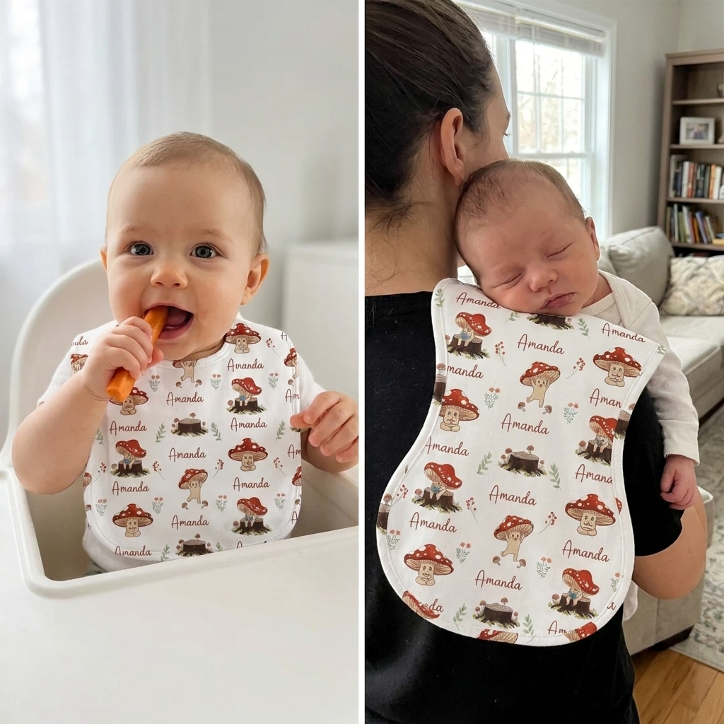 Personalized Bib and Burp Cloths in Mushroom
