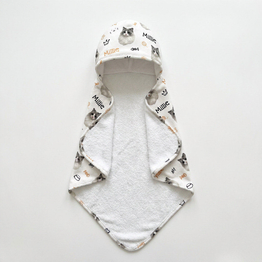 Personalized Hooded Towel in Kitty Portrait