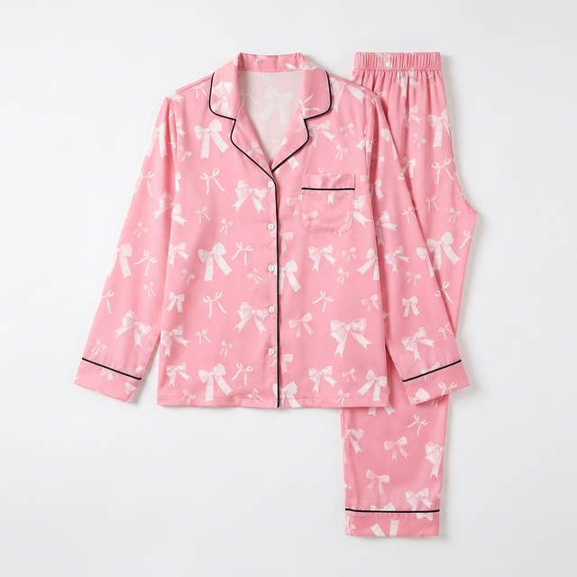 Long-Sleeved Women's Pajama Set in Pink Coquette Bow