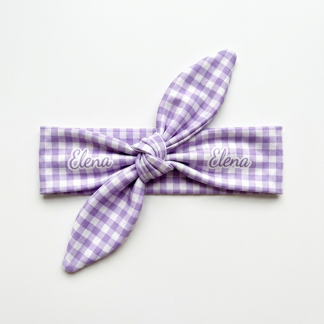 Personalized Knotted Headband in Lilac Gingham