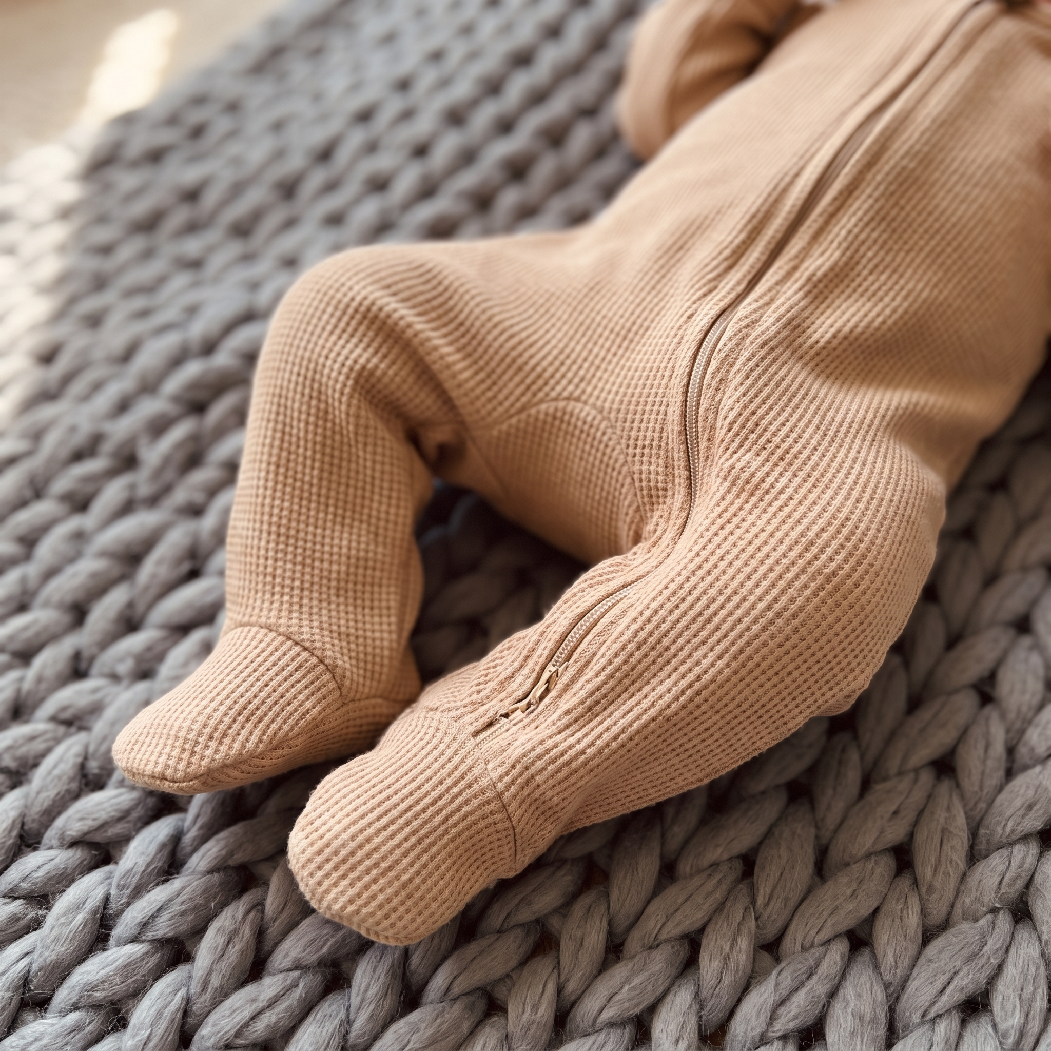 Waffle Zip Footie in Camel