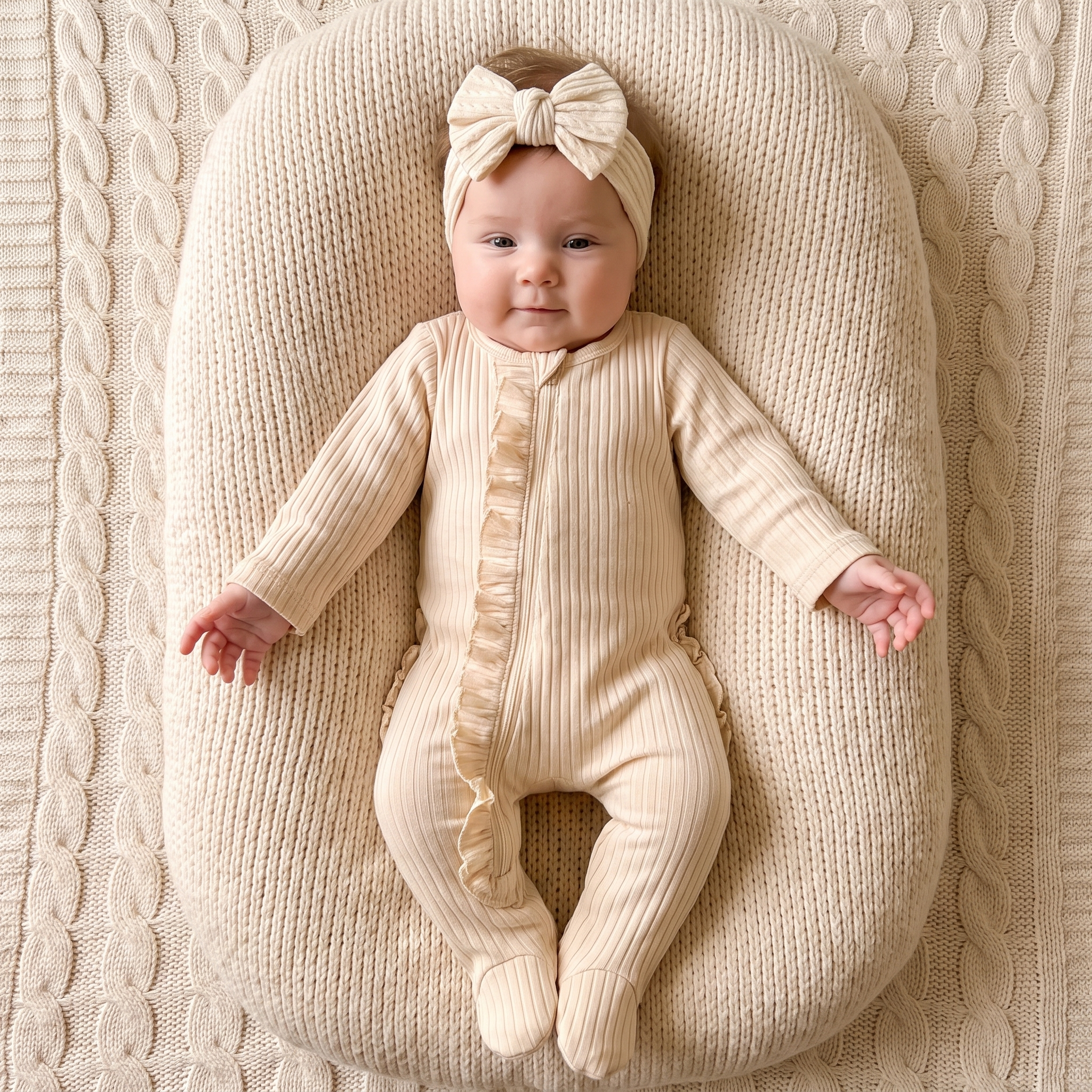 Ruffle Zipper Footie in Beige