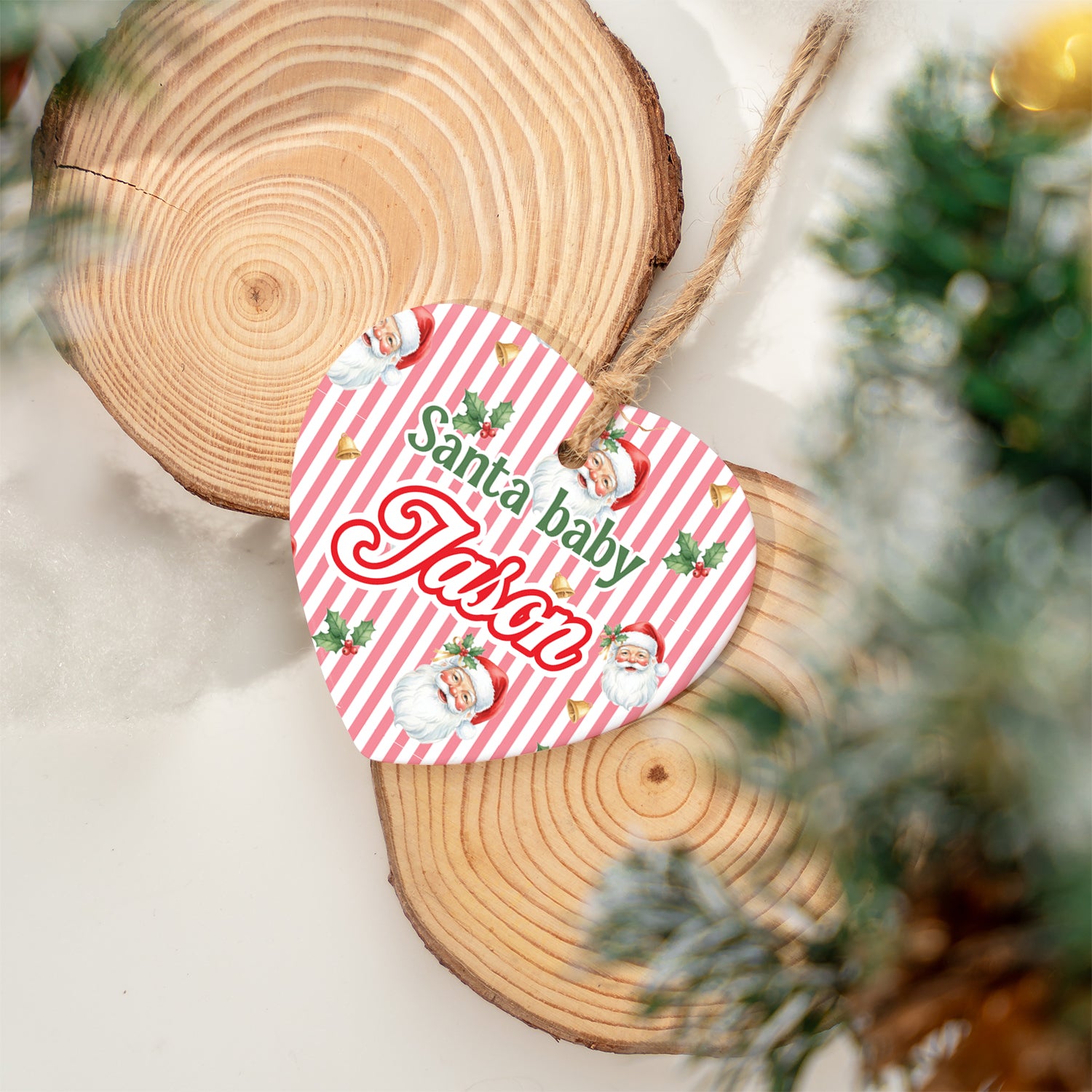 Personalized Ceramic Ornament in Santa Baby Heart