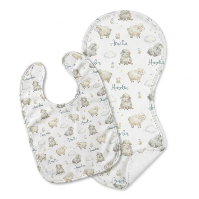 Personalized Bib and Burp Cloths in Lamb