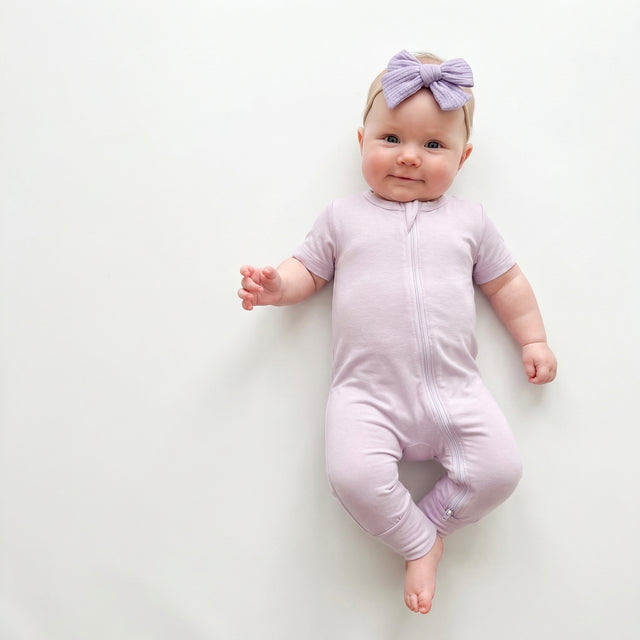Short Sleeves Zip Romper in Light Purple