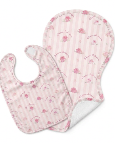 Personalized Bib and Burp Cloths in Rosy