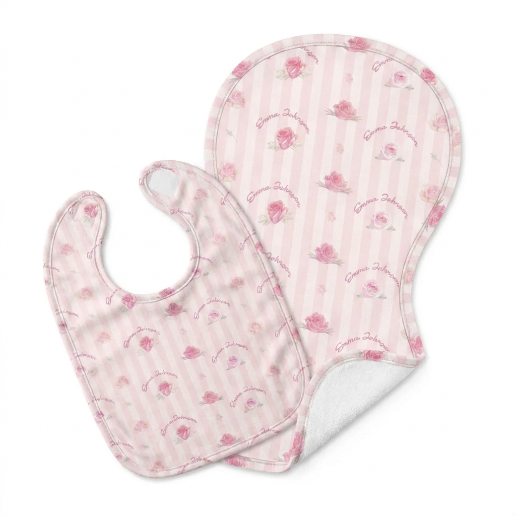 Personalized Bib and Burp Cloths in Rosy