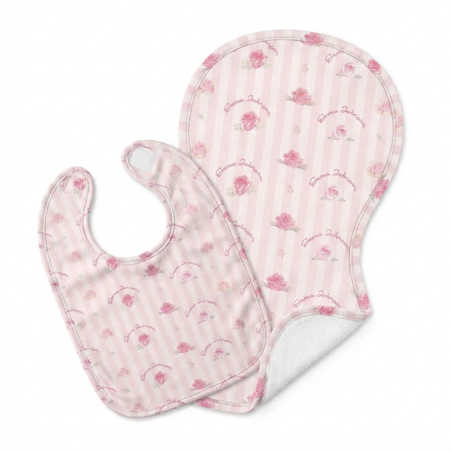 Personalized Bib and Burp Cloths in Rosy