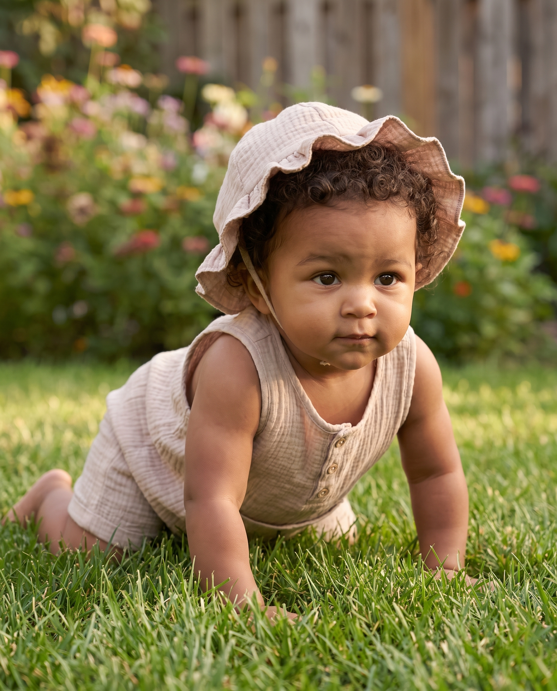 Sleeveless Gauze Snap Romper with Hat in Wheat