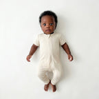 Short Sleeves Zip Romper in Beige