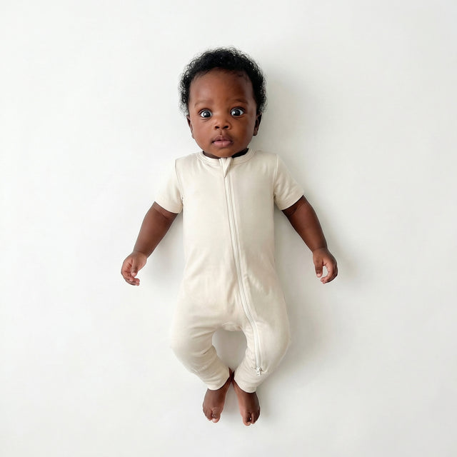 Short Sleeves Zip Romper in Beige