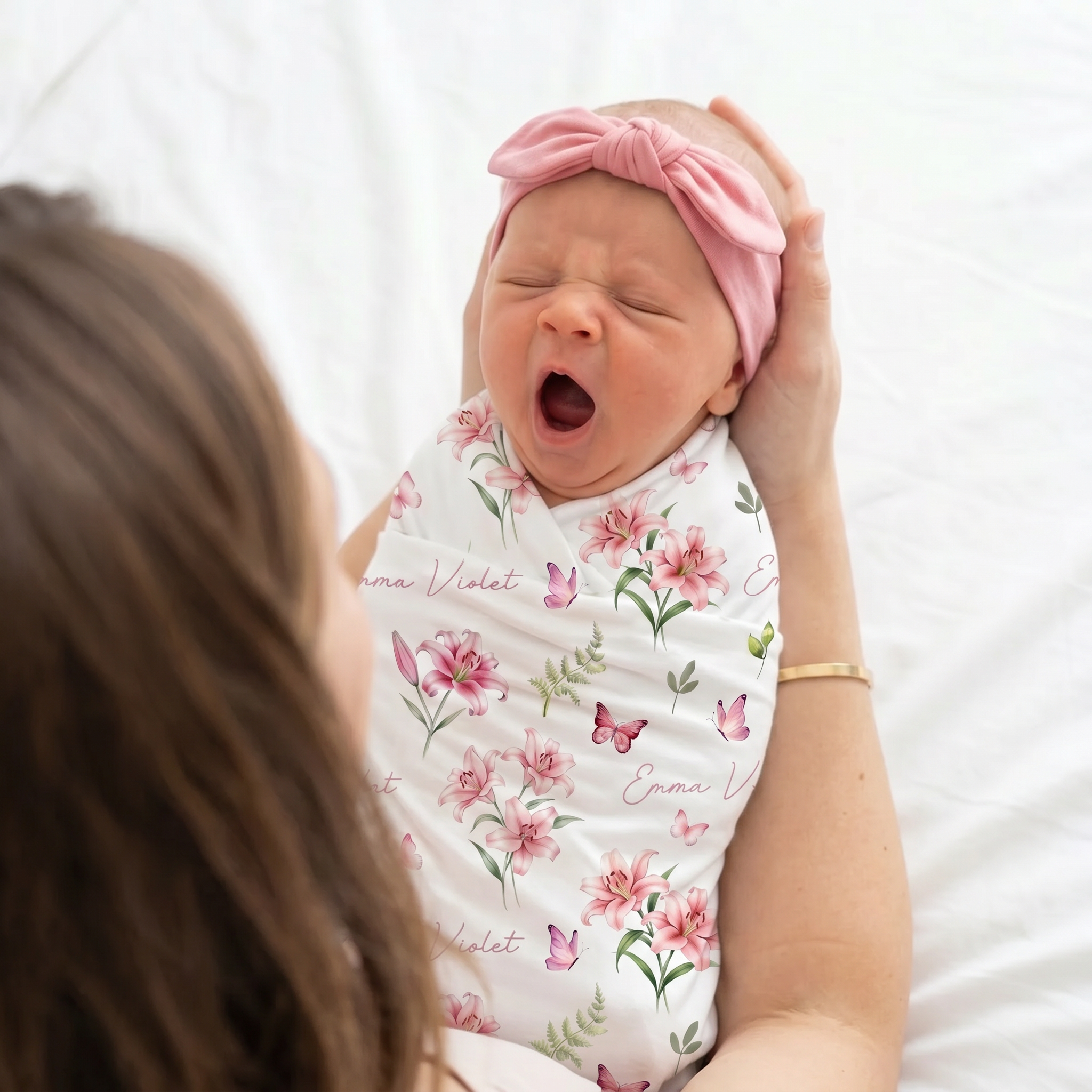 Personalized Swaddle in Pink Lilys